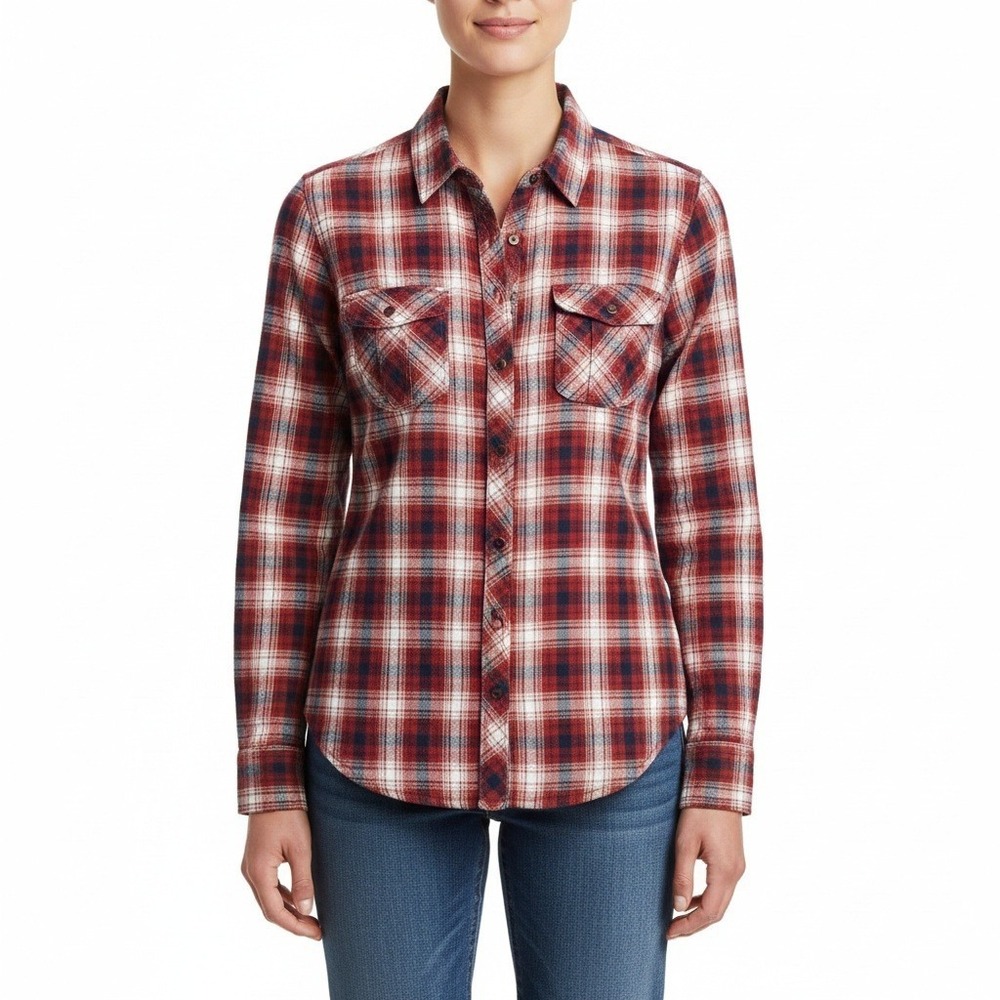 Eddie Bauer Shirt Womens Medium Red Plaid Button Up Cotton Cargo Pockets Cabin